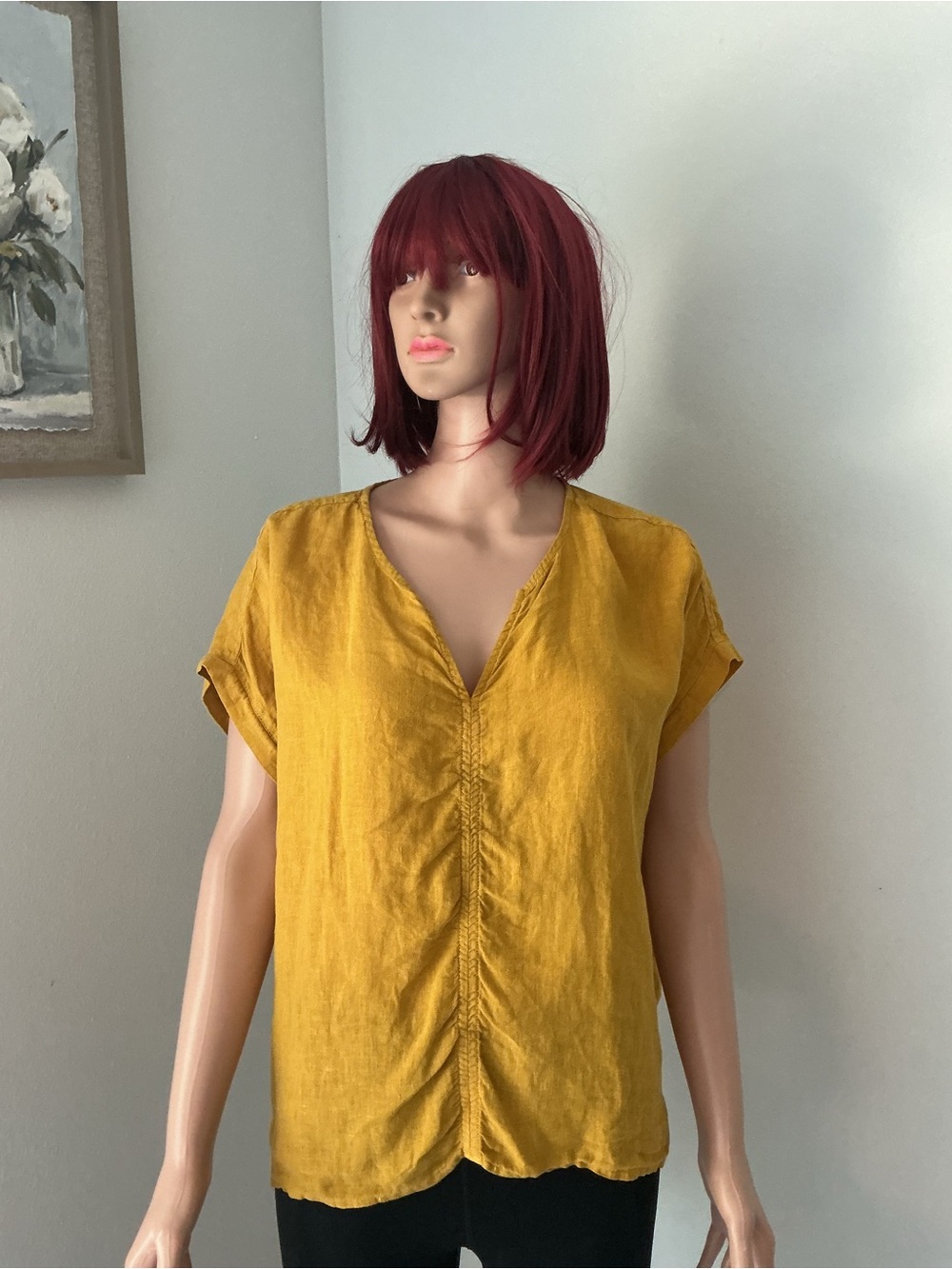 Tahari Mustard V-Neck Short Sleeve Blouse - Picture 1 of 8